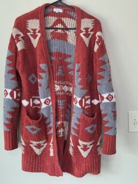 Warm & Cozy Lifestyle Southwestern Long Cardigan Rust Gray Large